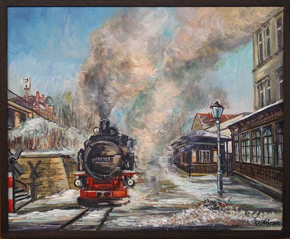 Zugankunft am Haltepunkt im Winter